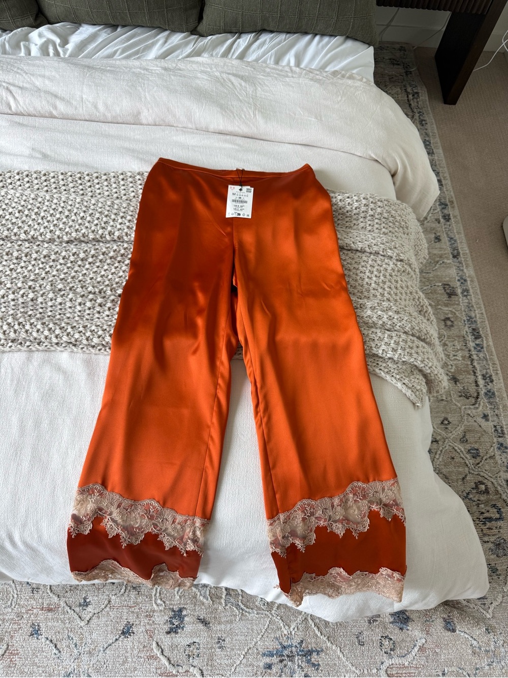 Zara Satin Wide-Leg Pants with Lace Trim - Orange